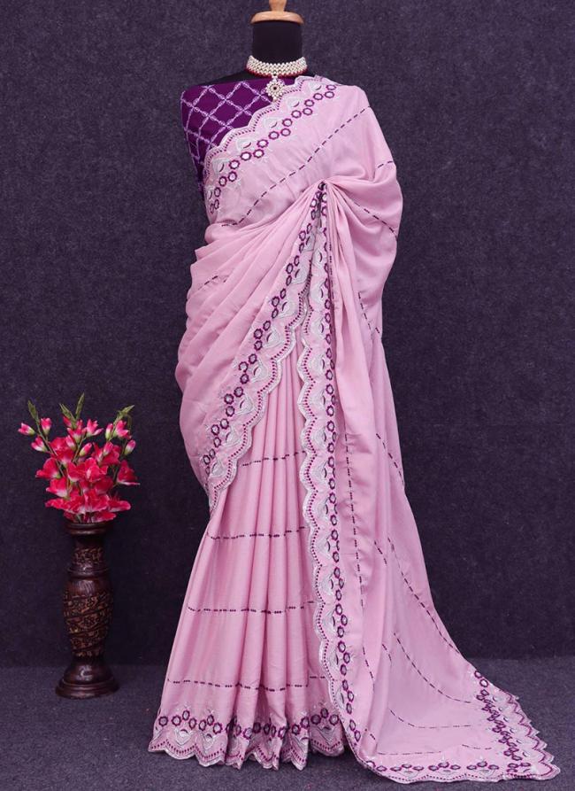 Chinon Silk Pink Party Wear Embroidery Work Saree